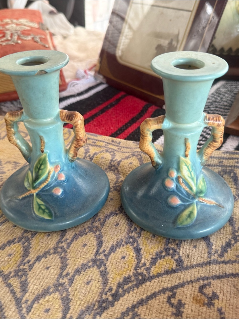 VTG Roseville Pottery Blue Apple Blossom Candlesticks